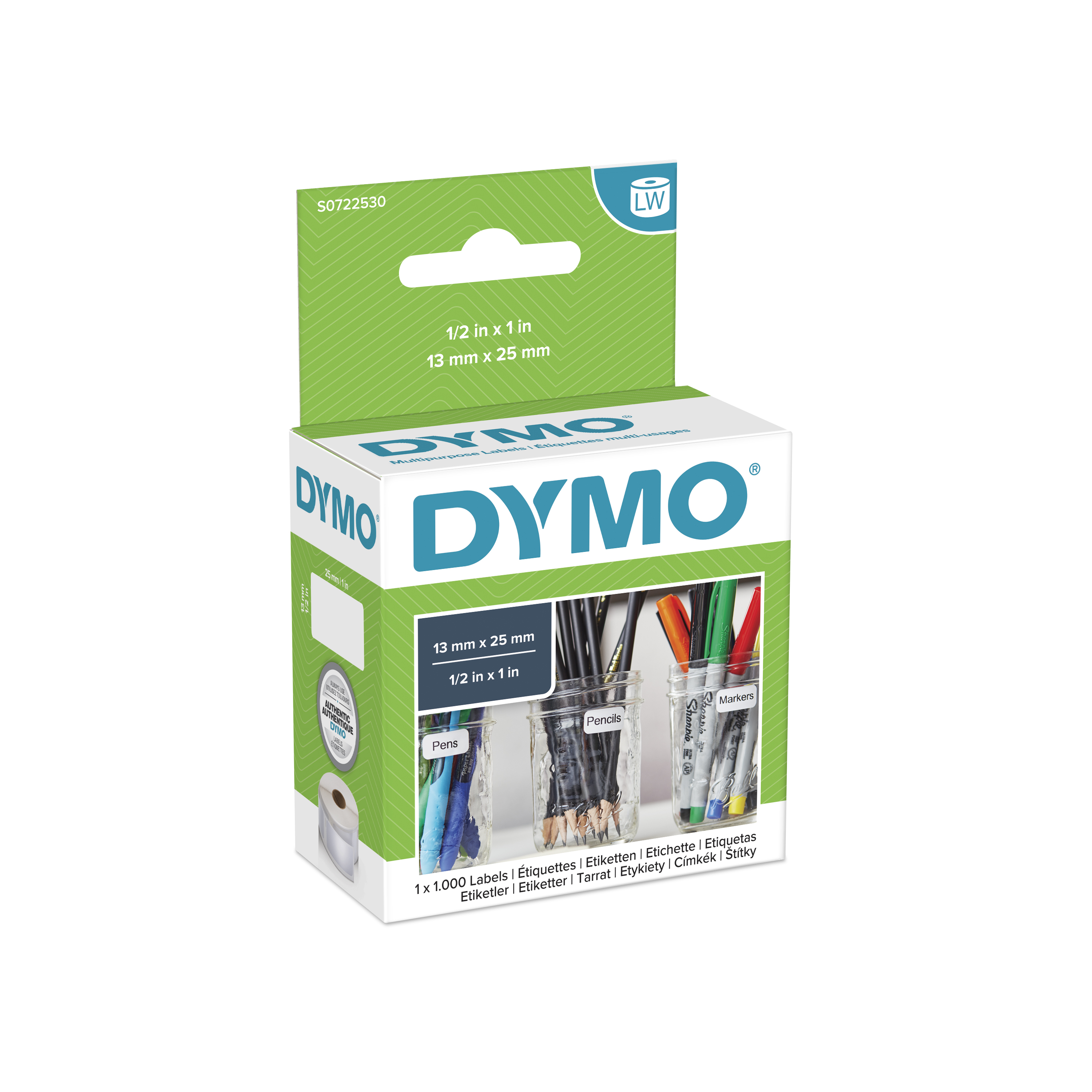 Dymo White Black Print Label Roll, 25 mm Width, 1000 Per Roll Qty, 25 mm
