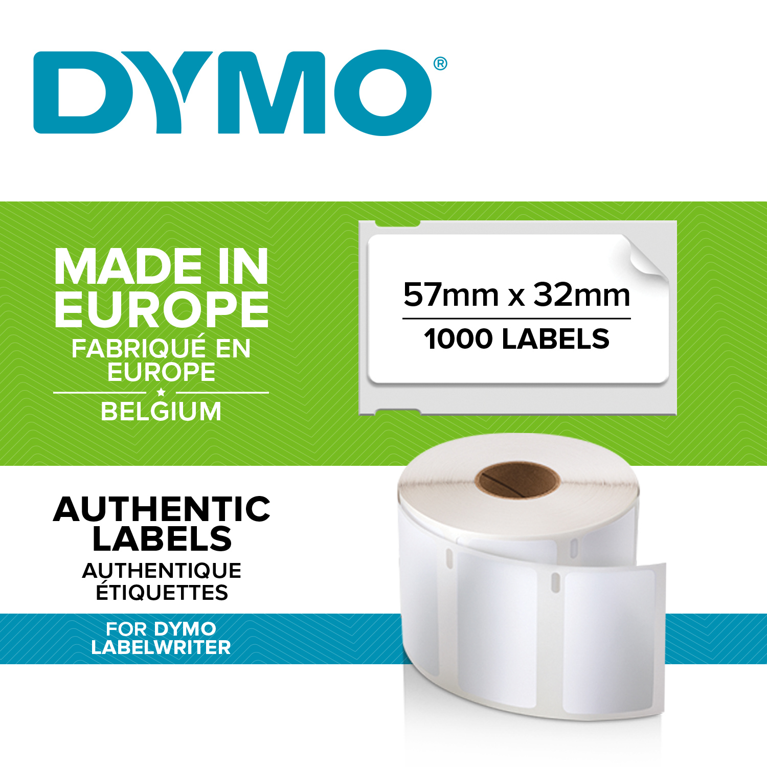 s0722540 Dymo White Black Print Label Roll, 57 mm Width, 1000 Per Roll Qty, 57 mm