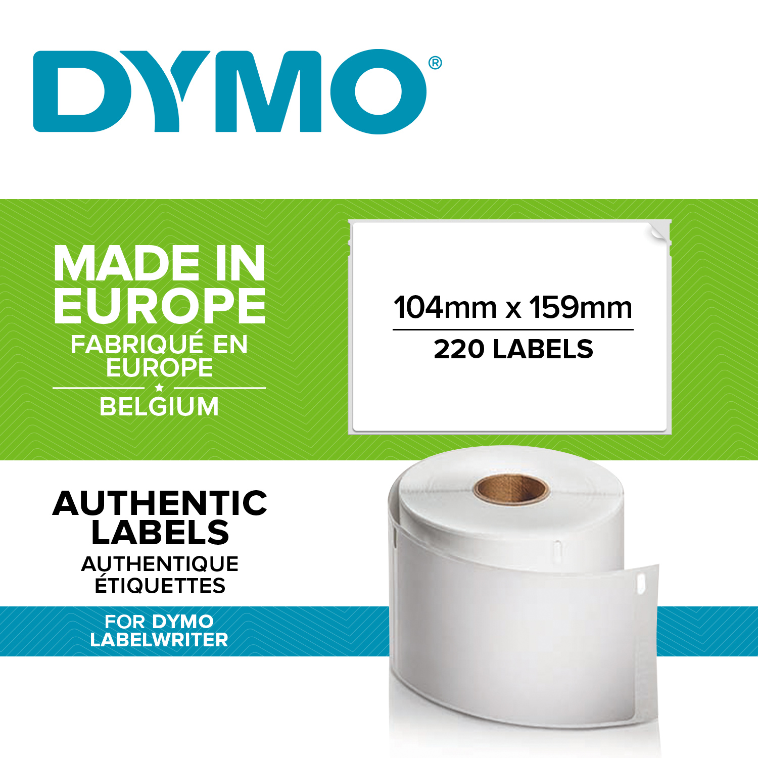 s0904980 Dymo White Black Print Label Roll, 104 mm Width, 220 Per Roll Qty, 159 mm
