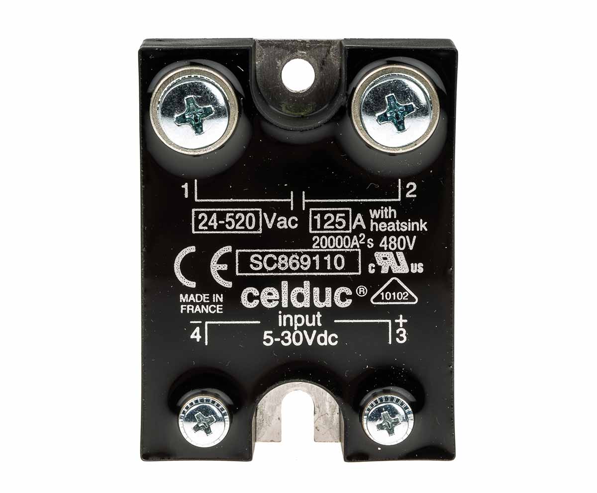 sc869110 Celduc Solid State Relay, 125 A Load, DIN Rail Mount, 400 Vrms Load, 30V Control