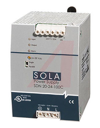 SolaHD SDN-C Switched Mode DIN Rail Power Supply 375 V dc, 264V ac AC/DC Input 28.5V dc, 20 A Output DC 480 W