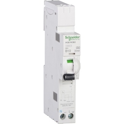 Schneider Electric Residual Current Circuit Breaker with Overload Protection, 10A Current Rating, 1-Pole, 30 mA Trip