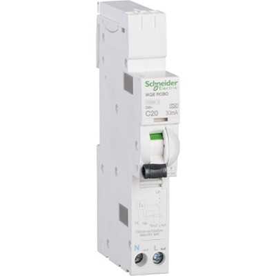 Schneider Electric Residual Current Circuit Breaker with Overload Protection, 20A Current Rating, 1-Pole, 30 mA Trip