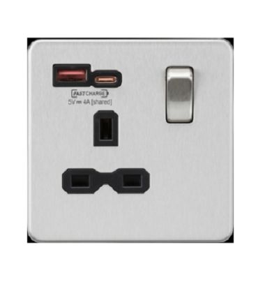 Knightsbridge Brushed Chrome 1 Gang USB Socket, 13A Indoor, USB, Type G - British