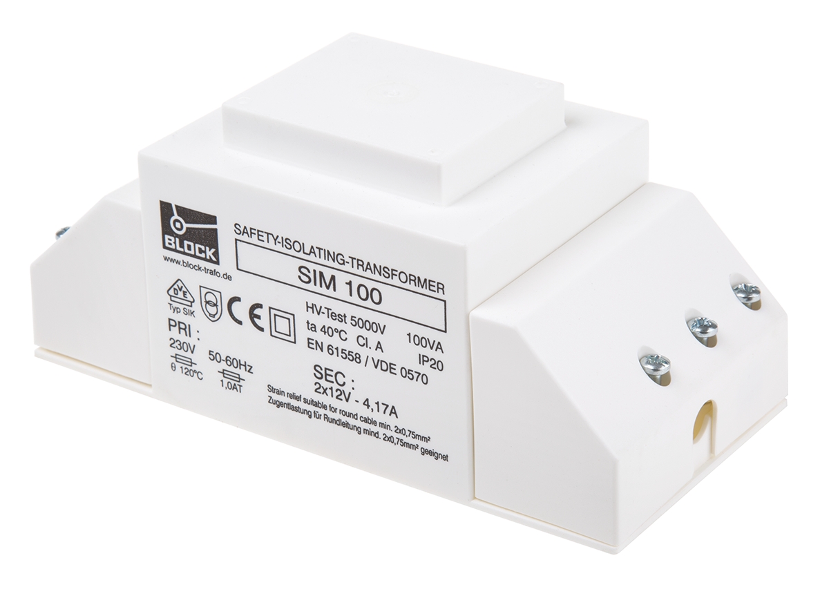 sim-100 Block 2 Output 100 VA Chassis Mount Transformer, 2 x 12 V ac, cUL 506, VDE, VDE 0570, EN 61558, UL 506
