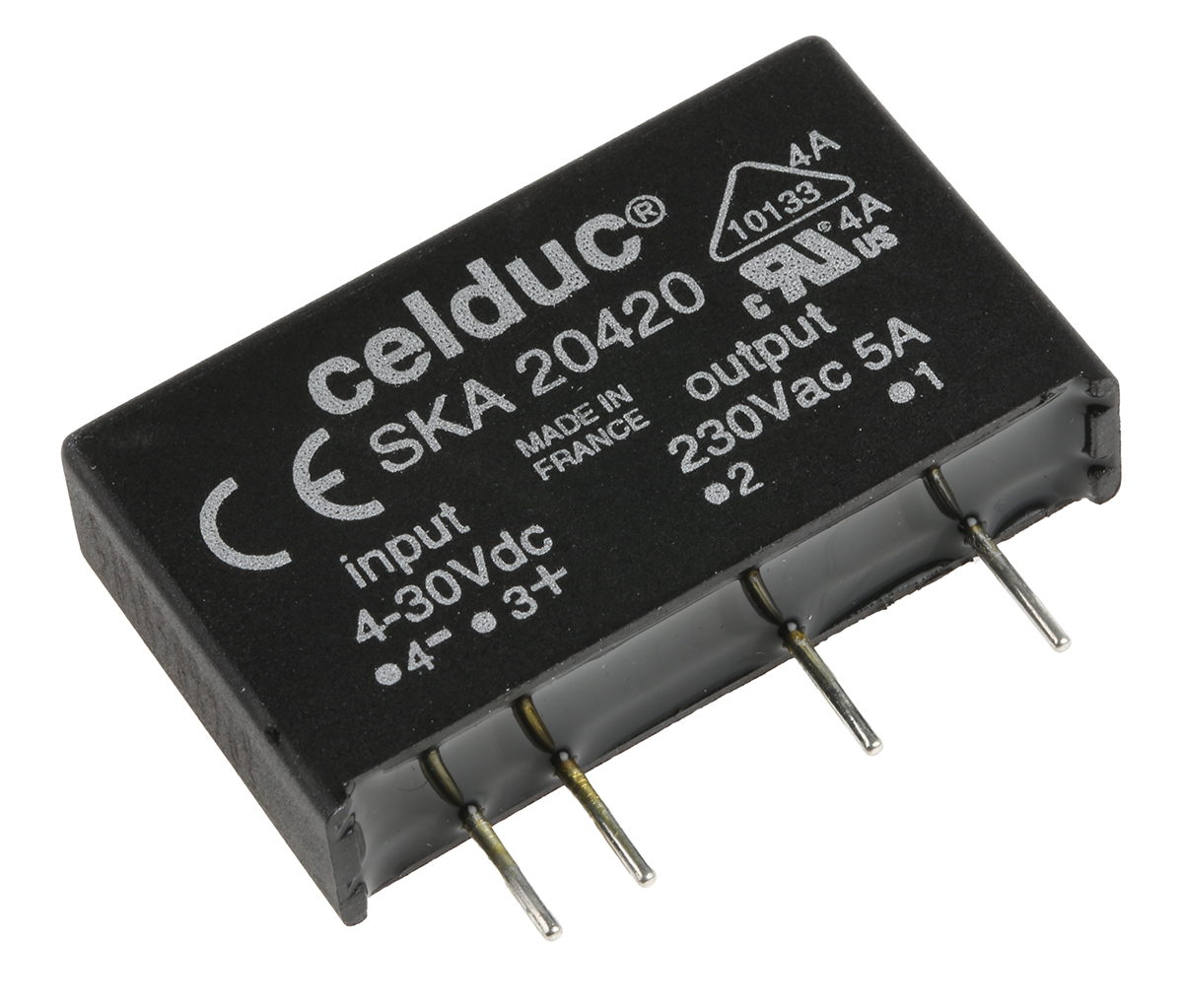 Celduc SK Series Solid State Relay, 4 A Load, PCB Mount, 275 V ac Load, 30V dc Control