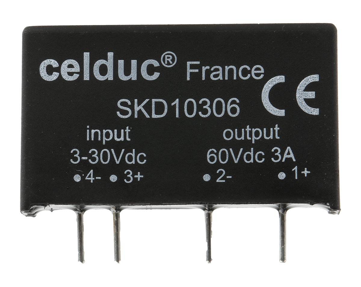 skd10306 Celduc SKD 10306 Series Solid State Relay, 3 A Load, Printed Circuit Board Mount, 60 V Load, 30V Control
