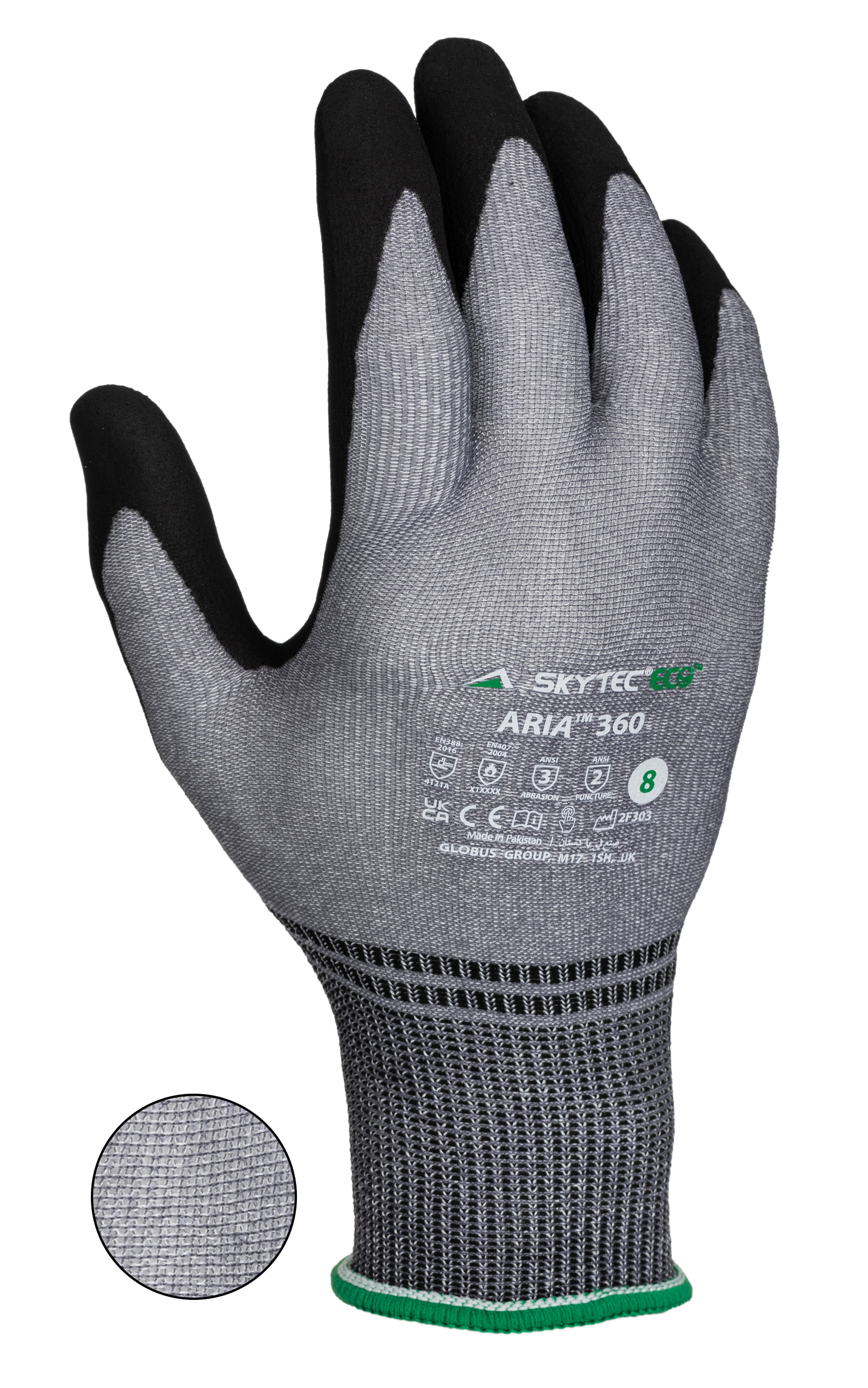 skg00022f Skytec ARIA 360 Black, Grey Foam Nitrile, Nylon Work Gloves, Size 8, Nitrile Coating