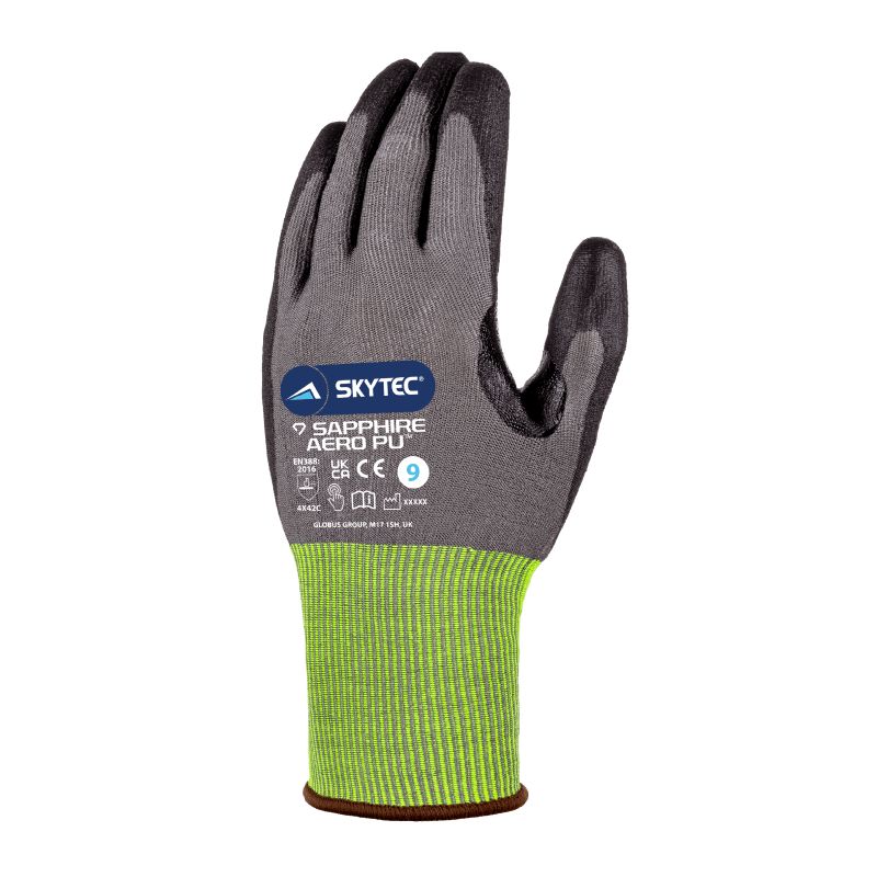Skytec SAPPHIRE AERO PU Black, Grey High Performance Polyethylene Work Gloves, Size 8, Polyurethane Coating