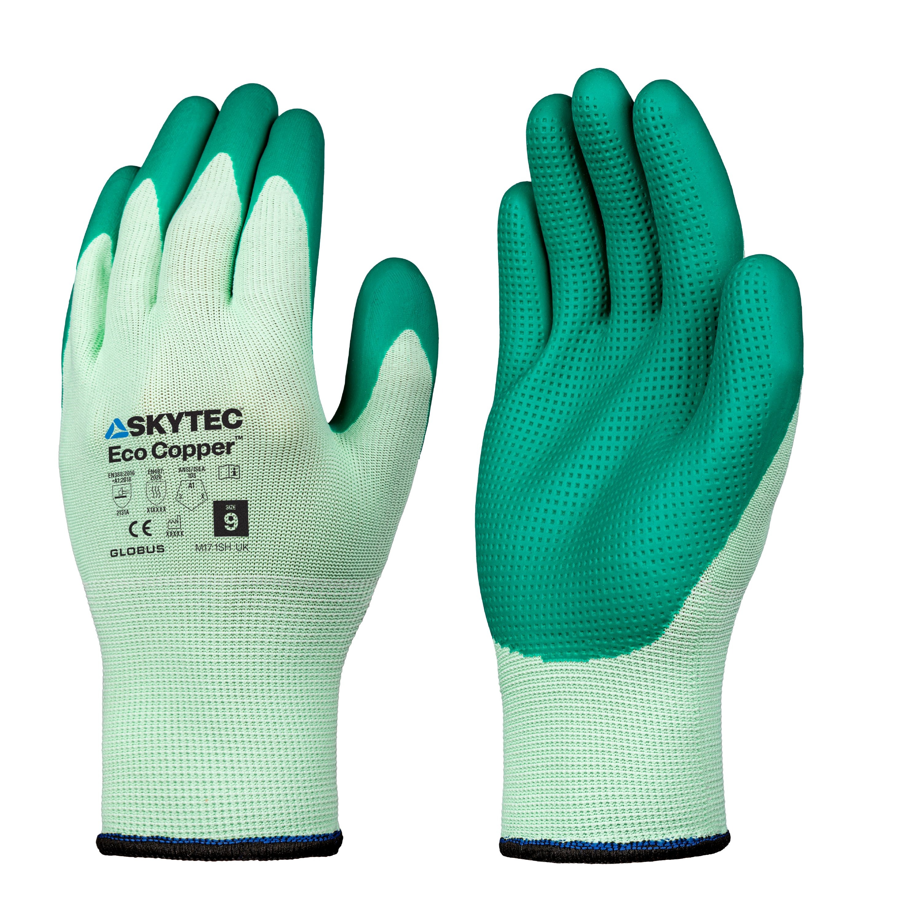 skg00051ef Skytec Green Recycled Polyester Latex Gloves, Size M, Latex Coating