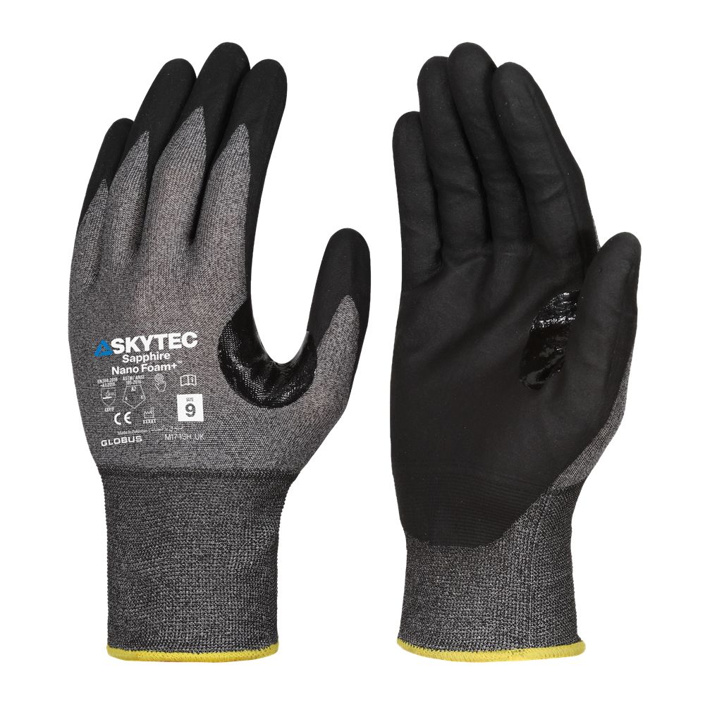 Skytec SAPPHIRE NANO FOAM Black HPPE, Nylon, Tungsten Cut Resistant Gloves, Size XS, Nitrile Foam Coating