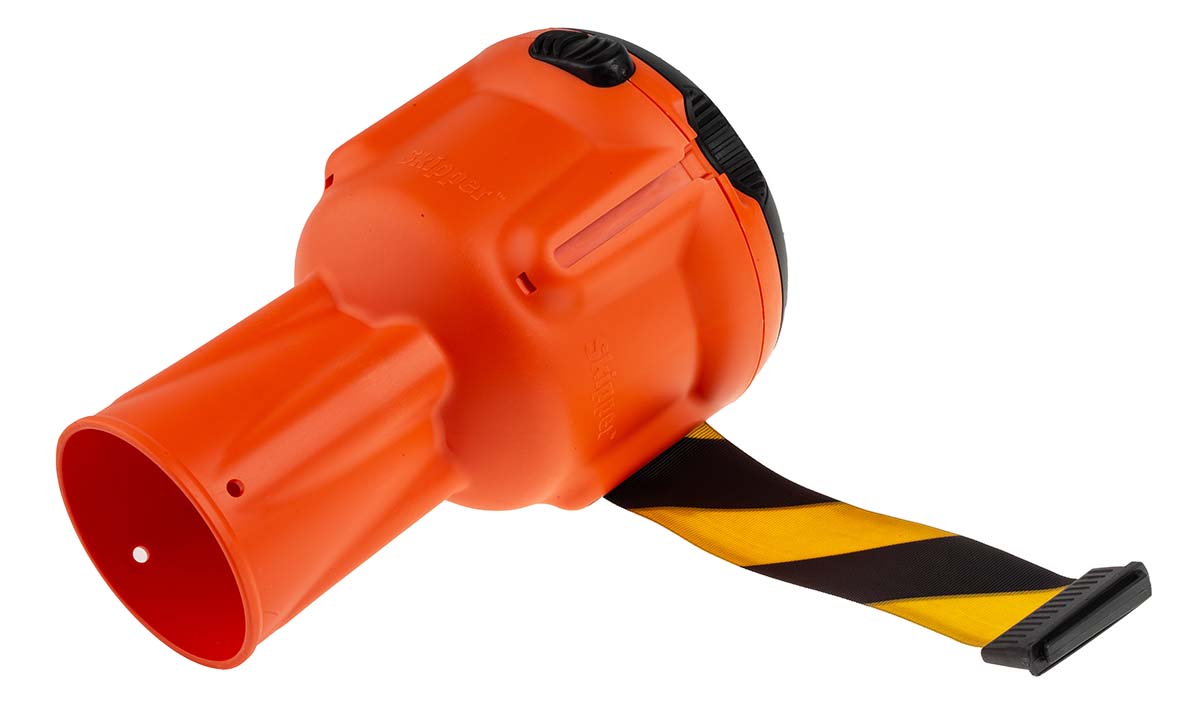 skipper01-o-by Skipper Orange Safety Barrier, Yellow, Black Tape, Polyester, Retractable Barrier, 9 m