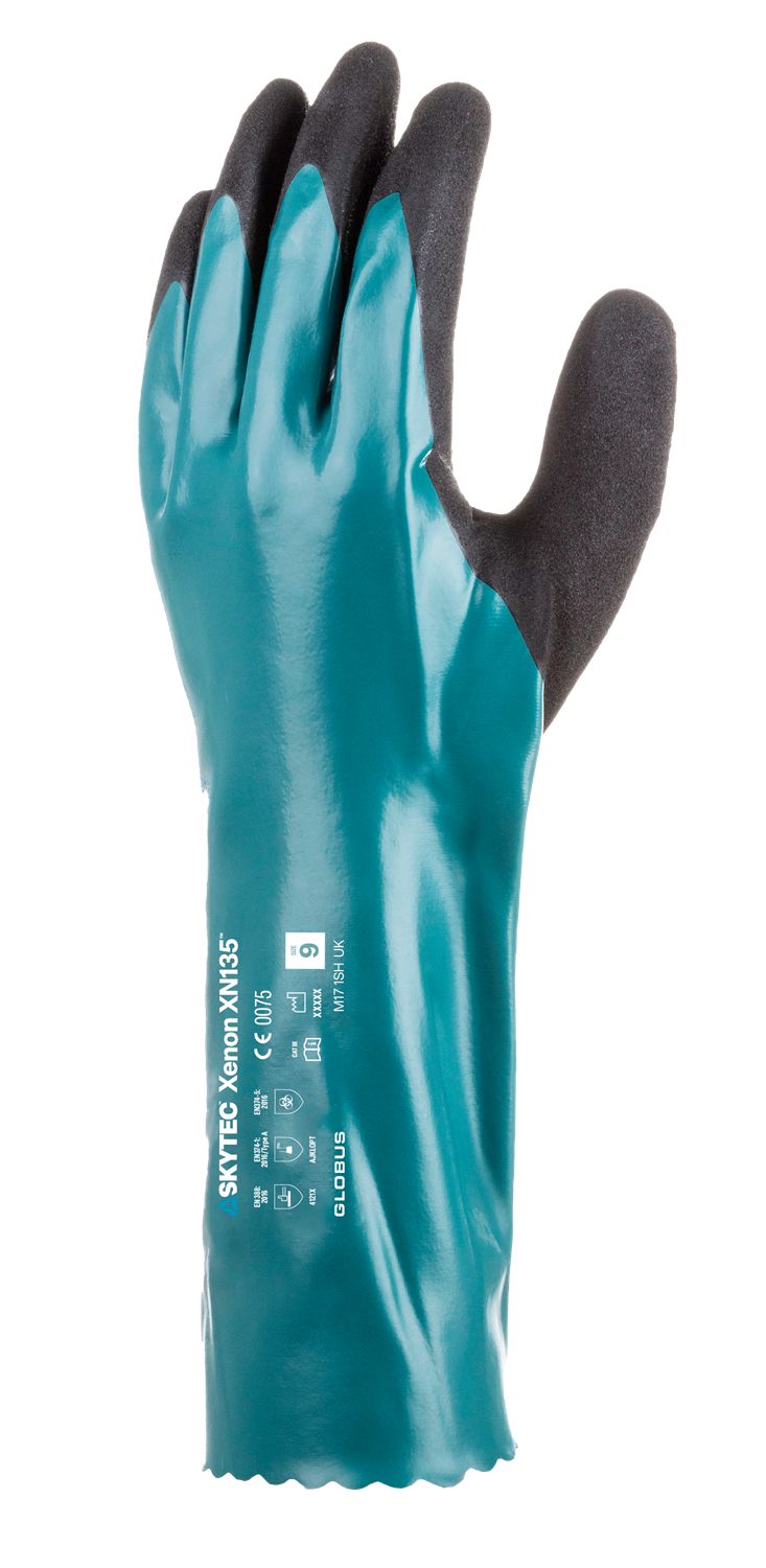 Skytec XeNon-XN135 Black, Green Nylon Glove, Size 11/XL, Nitrile Coating