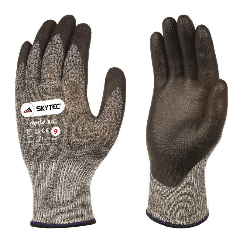 sky03 Skytec Skytec Ninja X4 Black, Grey Fibreglass, Nylon Work Gloves, Size 9, Bi-Polymer Coating