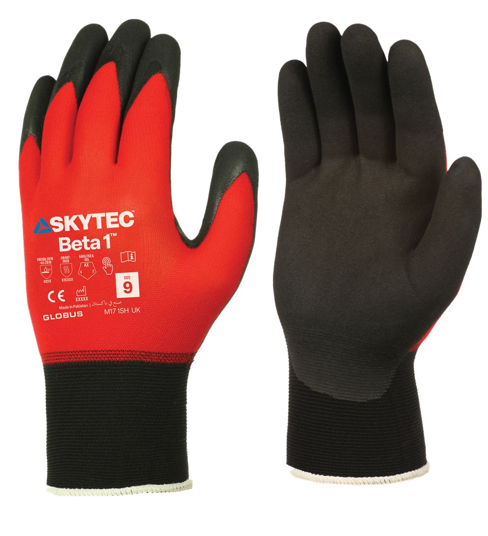 Skytec Beta 1 Black, Red Nylon, Spandex Glove, Size 11/3XL, Nitrile Foam Coating