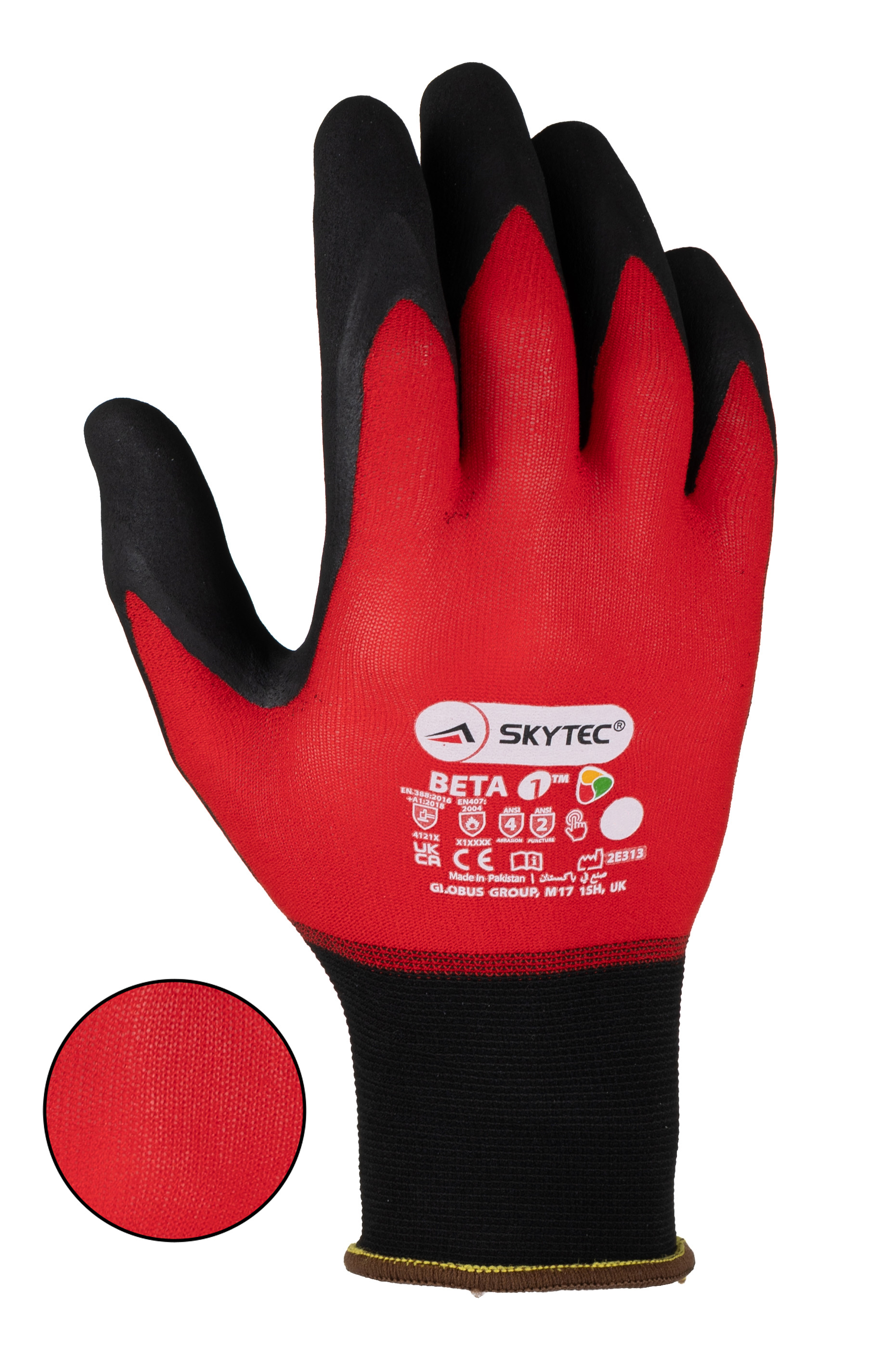 sky50 Skytec Beta 1 Red, Black Nylon, Spandex Glove, Size 9, Nitrile Foam Coating