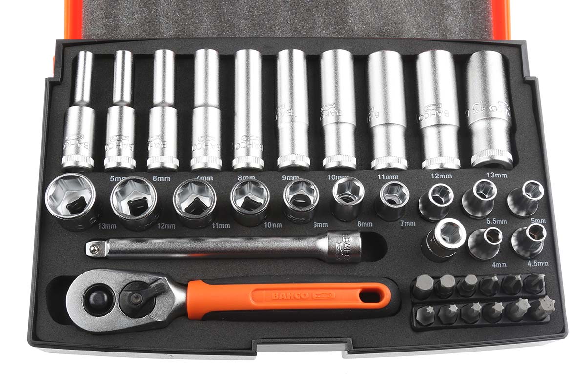 sl25l Bahco 37-Piece 1/4 in 6 Point, Hexagon Socket, Phillips, Pozidriv, Torx Socket Set