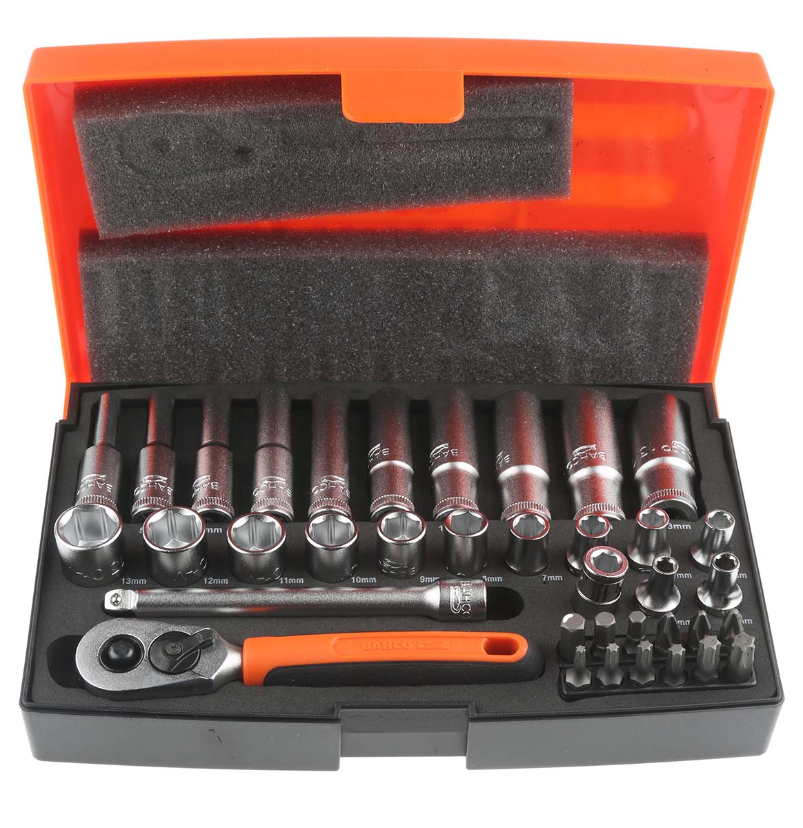 sl25l Bahco 37-Piece 1/4 in 6 Point, Hexagon Socket, Phillips, Pozidriv, Torx Socket Set