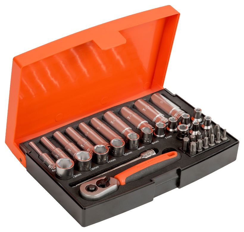 sl25l Bahco 37-Piece 1/4 in 6 Point, Hexagon Socket, Phillips, Pozidriv, Torx Socket Set