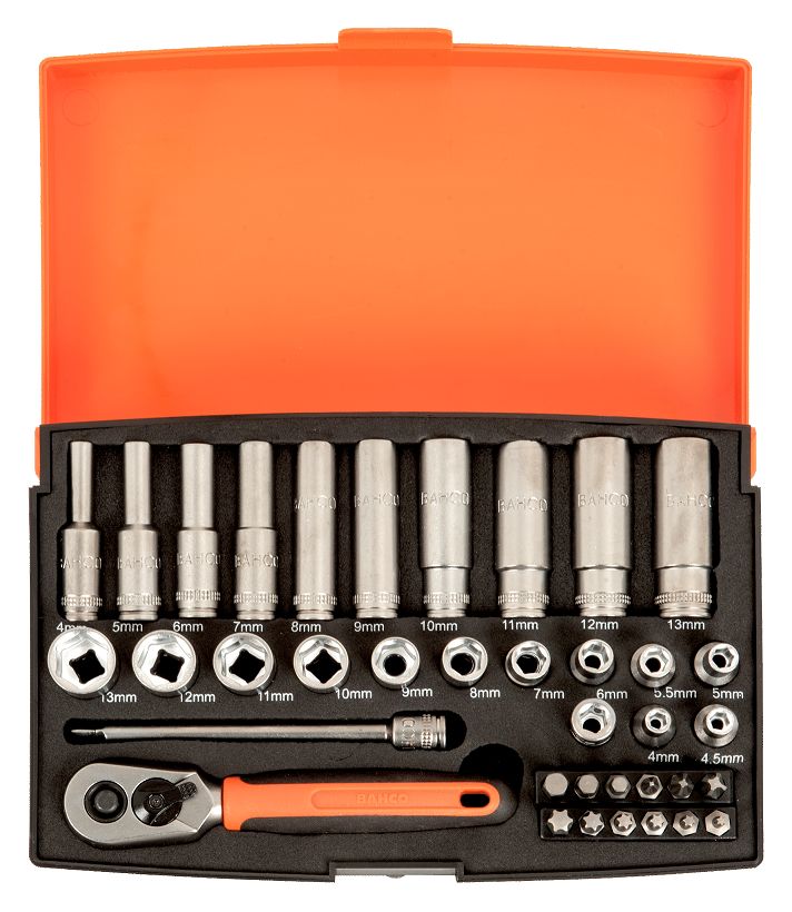 sl25l Bahco 37-Piece 1/4 in 6 Point, Hexagon Socket, Phillips, Pozidriv, Torx Socket Set
