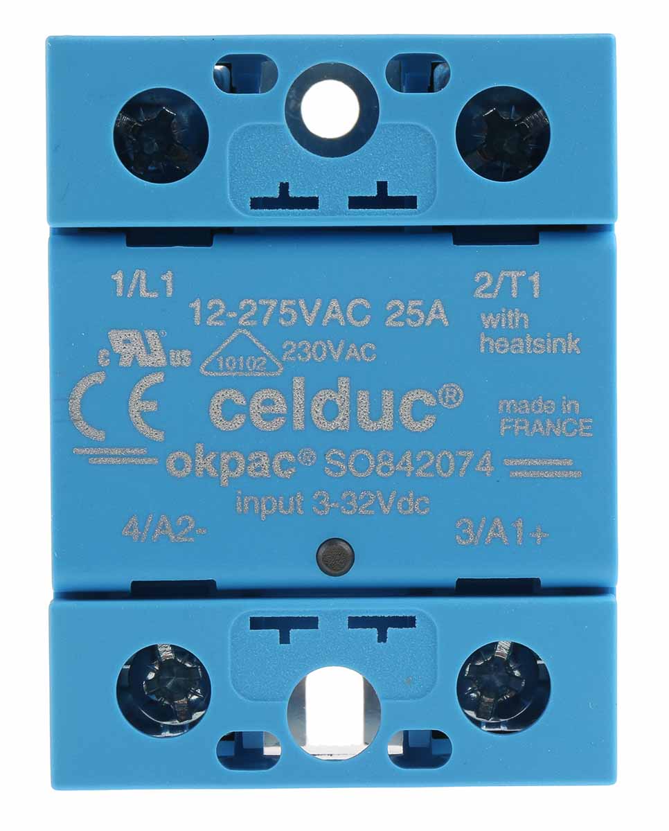 so842074 Celduc SO8 Series Solid State Relay, 25 A Load, DIN Rail Mount, 275 Vrms Load, 32V Control
