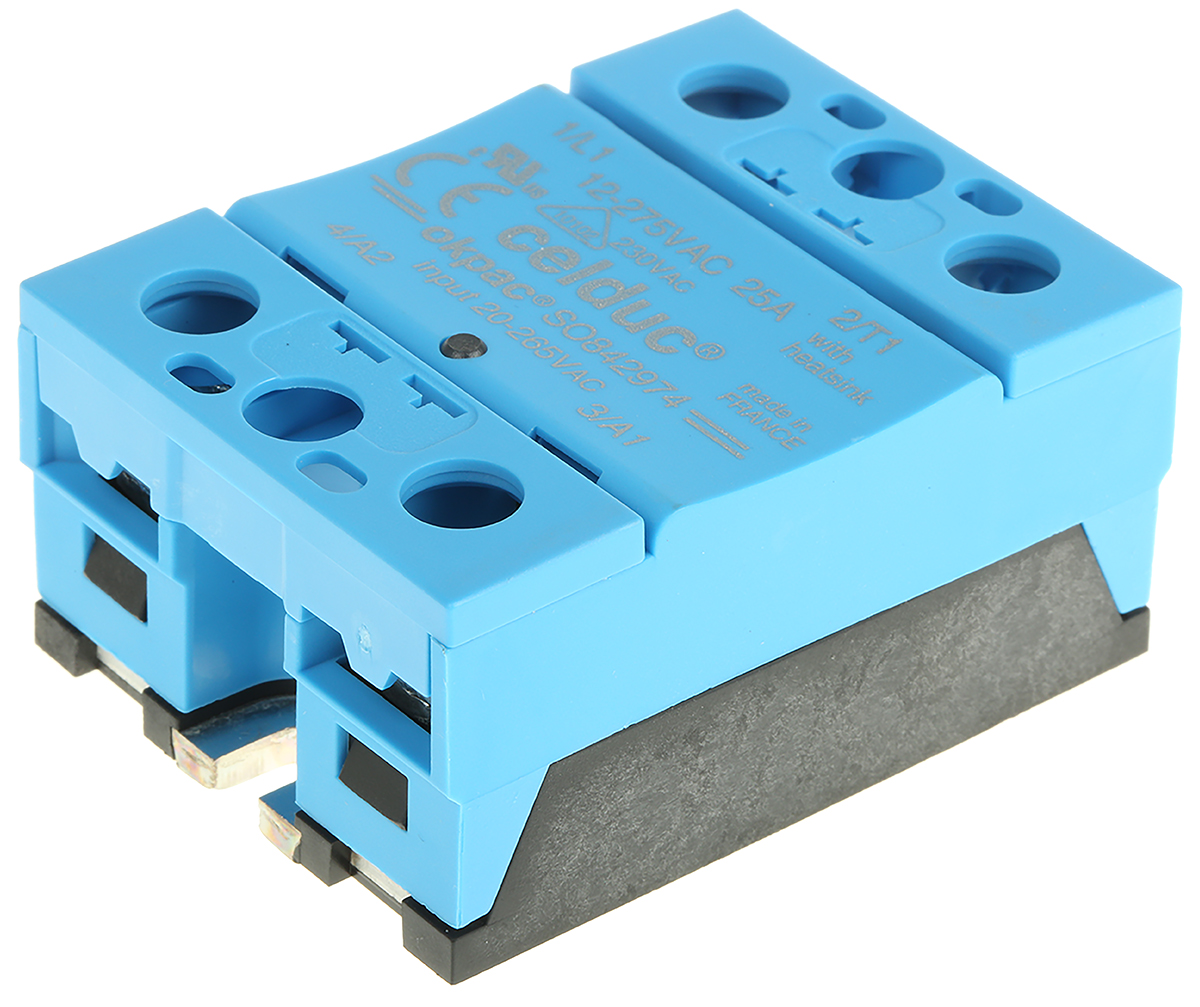 Celduc SO8 Series Solid State Relay, 25 A Load, DIN Rail Mount, 275 Vrms Load, 265V Control