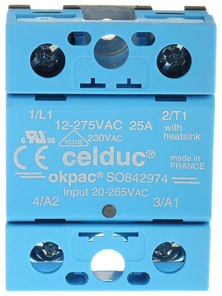 so842974 Celduc SO8 Series Solid State Relay, 25 A Load, DIN Rail Mount, 275 Vrms Load, 265V Control