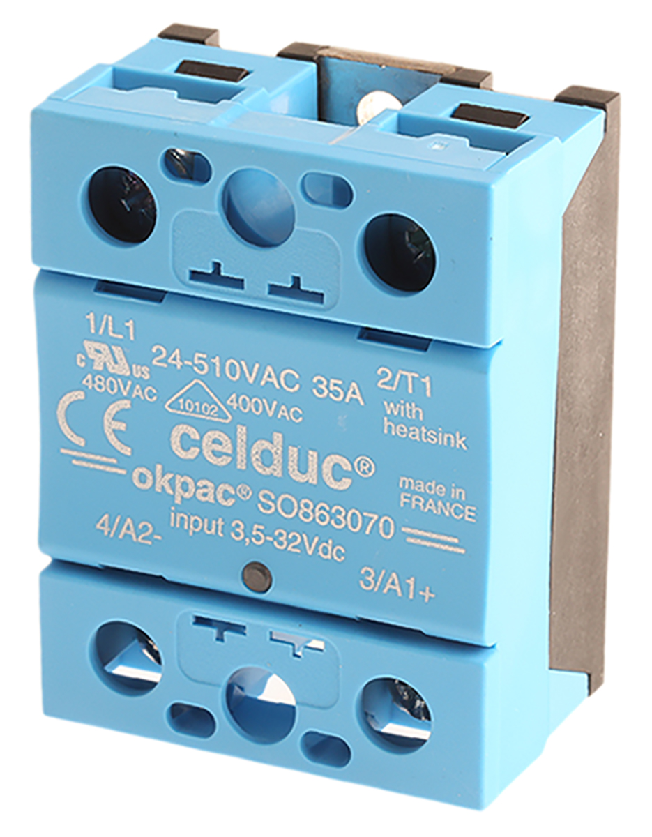 Celduc SO8 Series Solid State Relay, 40 A Load, DIN Rail Mount, 510 Vrms Load, 32V Control