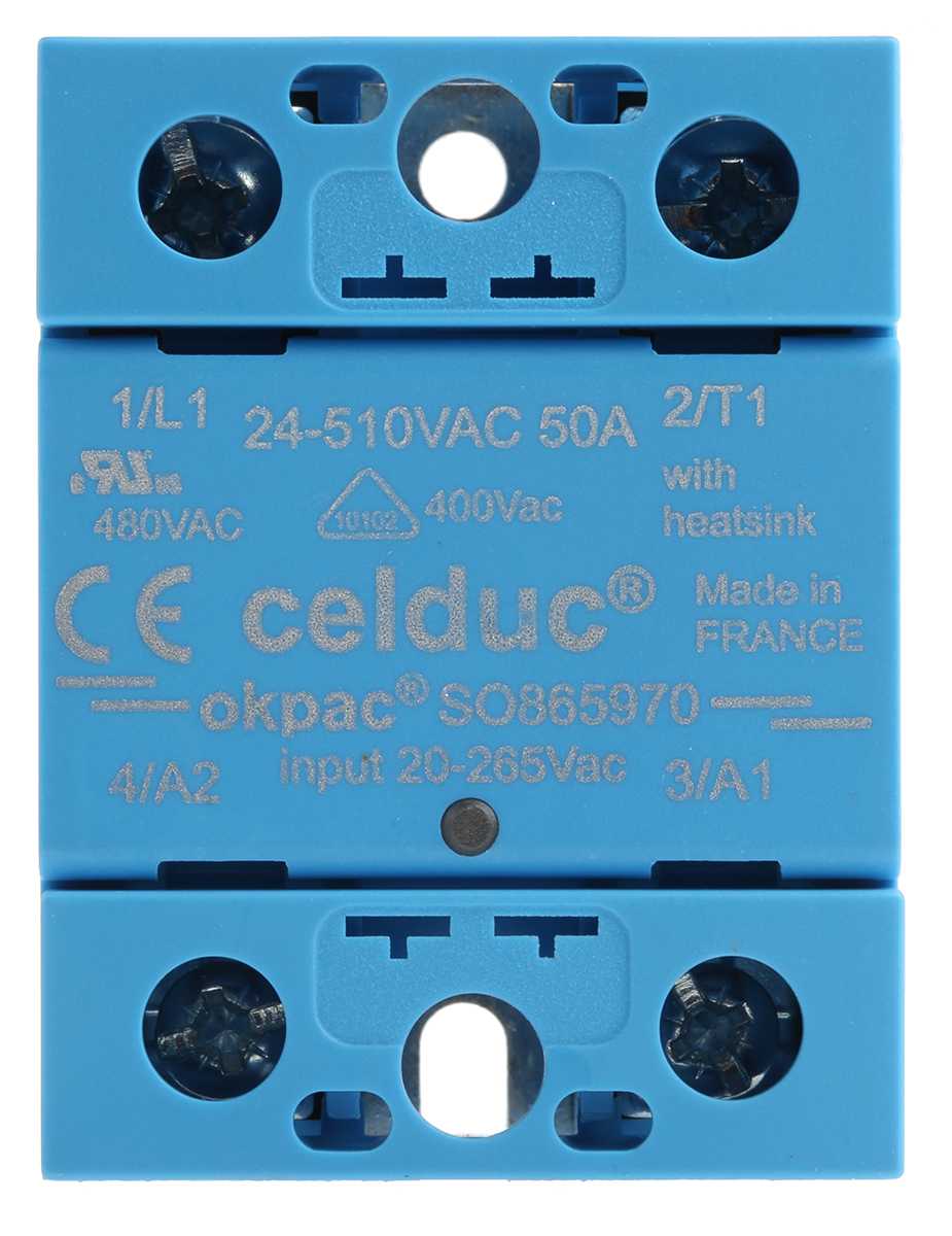so865970 Celduc SO8 Series Solid State Relay, 60 A Load, DIN Rail Mount, 510 Vrms Load, 265V Control
