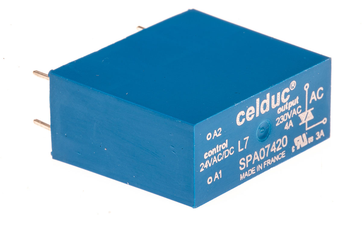 Celduc SP Series Solid State Relay, 4 A Load, PCB Mount, 275 V ac Load, 30V ac/dc Control