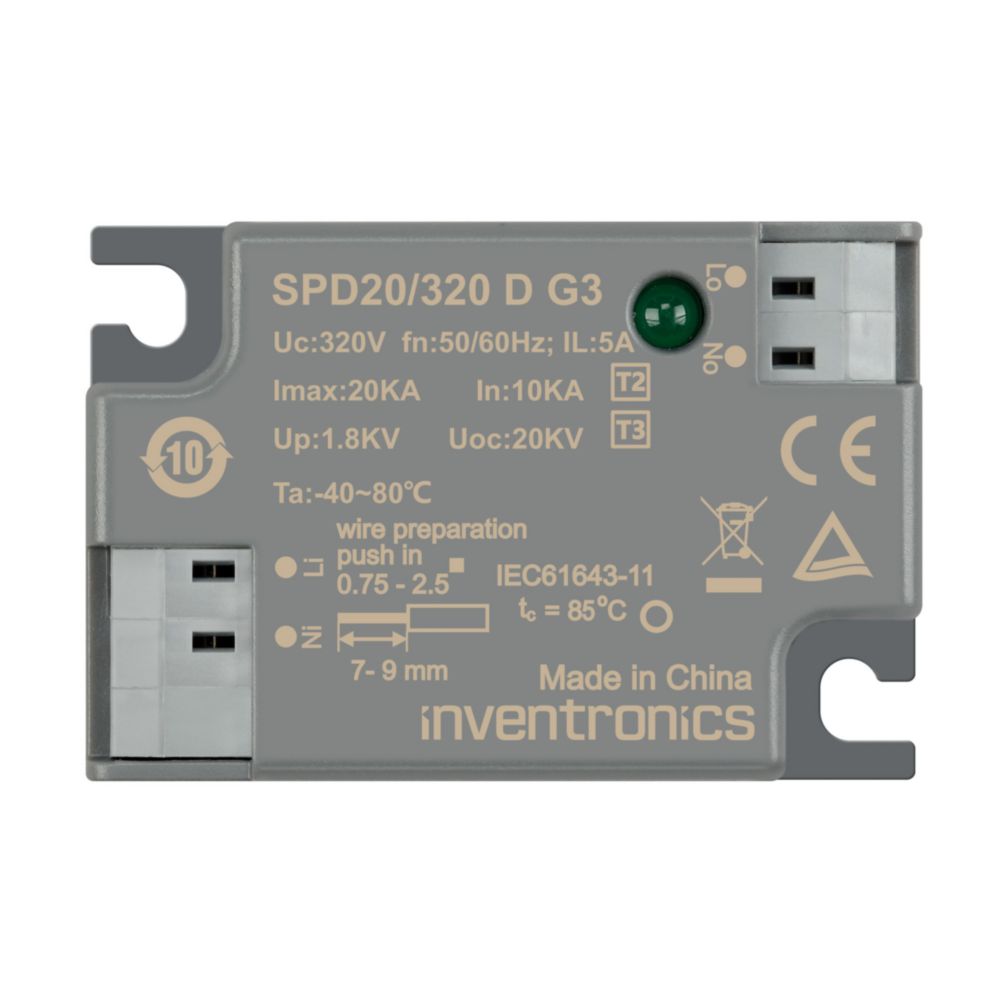 Inventronics 1 Phase Surge Protection Device, 20 kA, 1.8 kV, Push-in