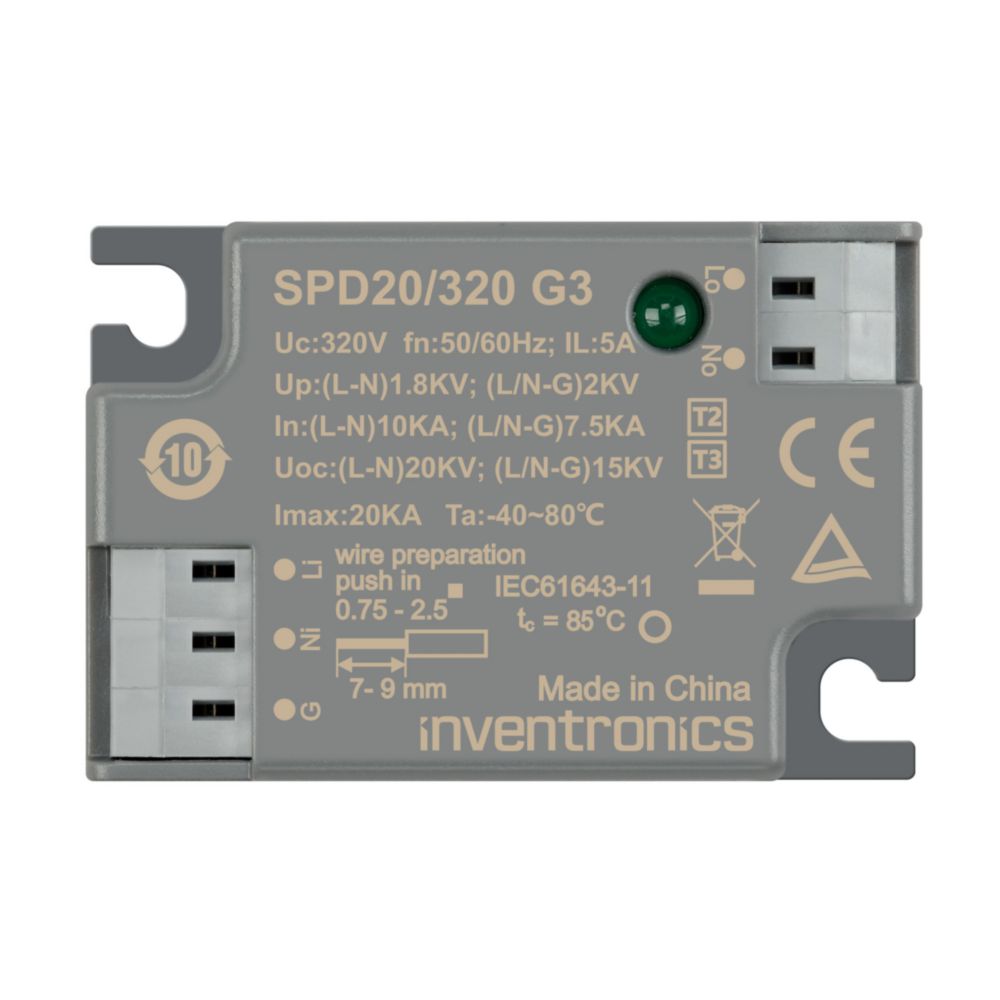 Inventronics 1 Phase Surge Protection Device, 20 kA, 2 kV, Push-in