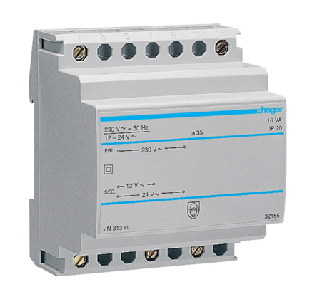 Hager 1 Site Transformer 16 VA, 230 V Primary, 12 V, 16 V, 24 V, 30 V Secondary, 2.08 A O/P