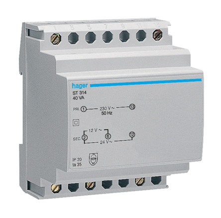 Hager 1 Site Transformer 40 VA, 230 V Primary, 12 V, 14 V, 24 V, 27 V Secondary, 3.33 A O/P