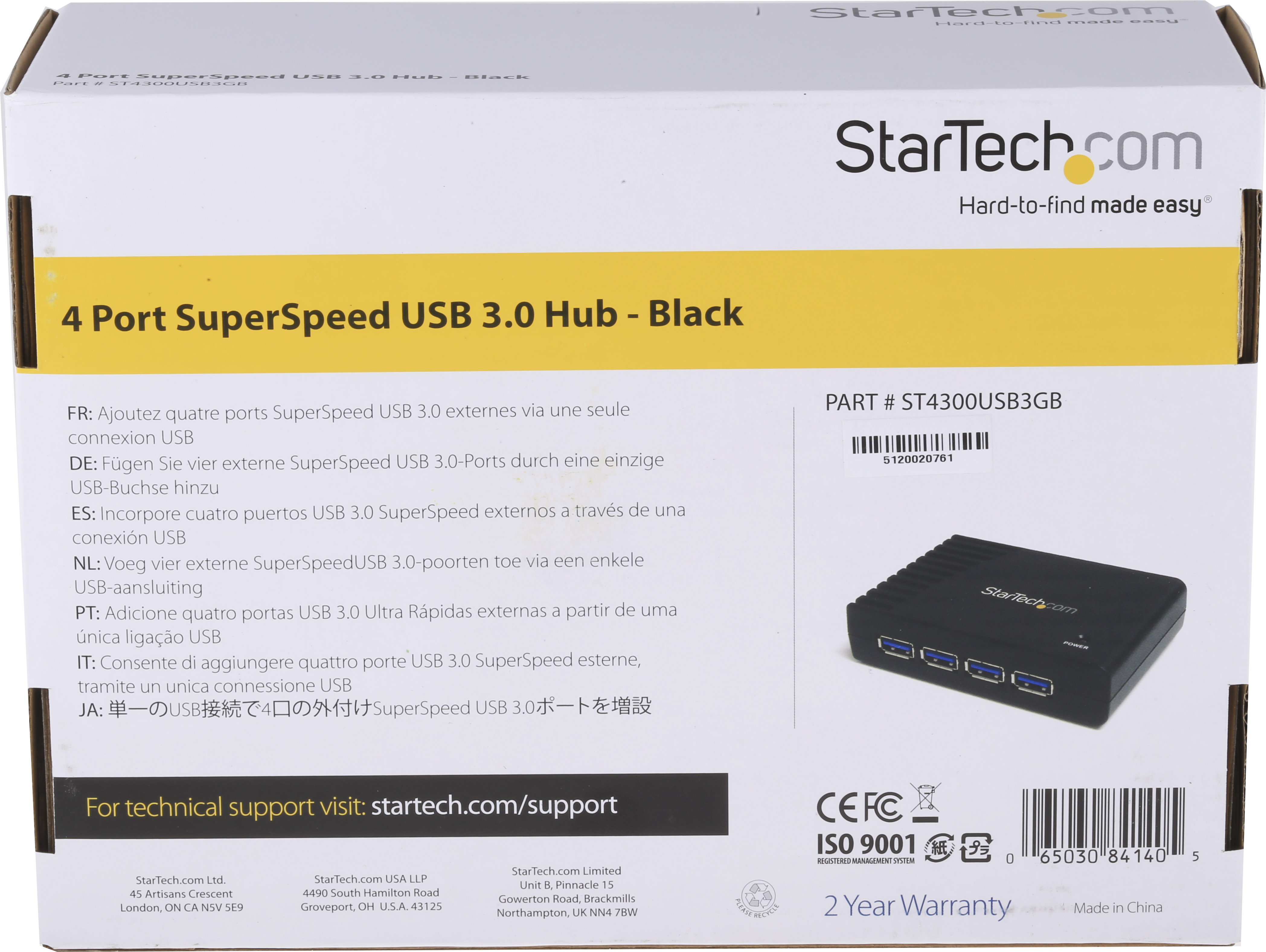 st4300usb3gb StarTech.com 4 Port USB 3.0 USB Hub, AC Adapter Powered, 68 mm 23 mm 95mm