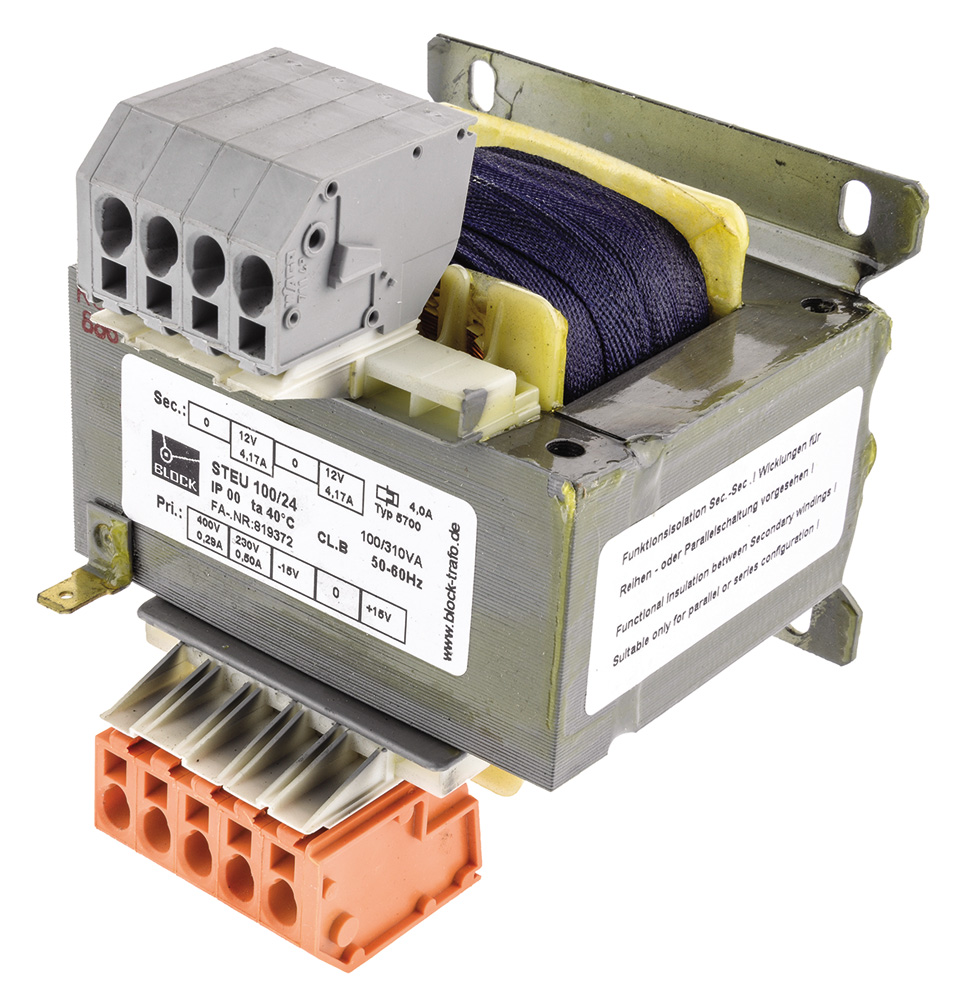 Block 2 Output 100 VA Chassis Mount Transformer, 2 x 12 V ac, VDE 0570 Teil 2-6, UL 5085-1/-2, IEC 61558-2-2, cURus, EN