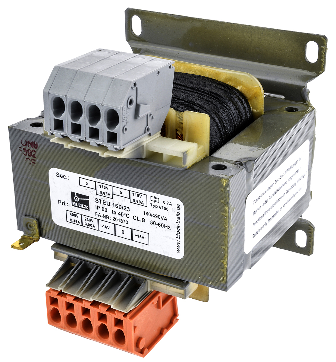 Block 2 Output 160 VA Chassis Mount Transformer, 2 x 115 V ac, EN 61558, VDE 0570, UL