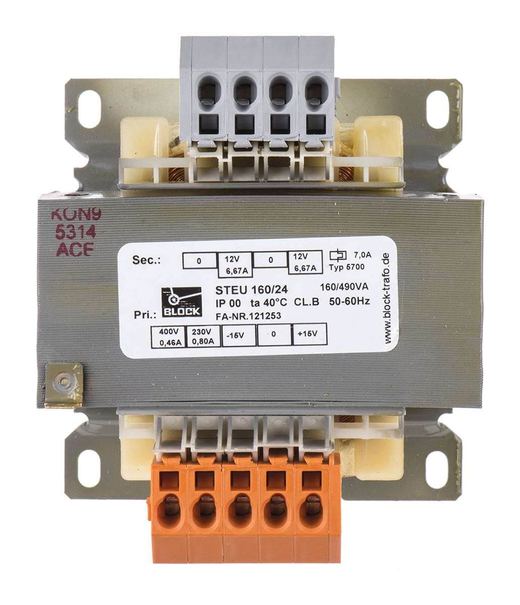 steu16024 Block 2 Output 160 VA Chassis Mount Transformer, 2 x 12 V ac, EN 61558-2-6, cURus, VDE 0570 Teil 2-6, DIN EN 61558-2-6,