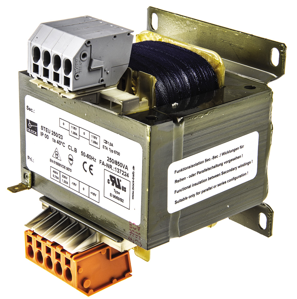 Block 2 Output 250 VA Chassis Mount Transformer, 2 x 115 V ac, IEC 61558-2-2, UL 5085-1/-2, CSA 22.2 No.66, DIN EN