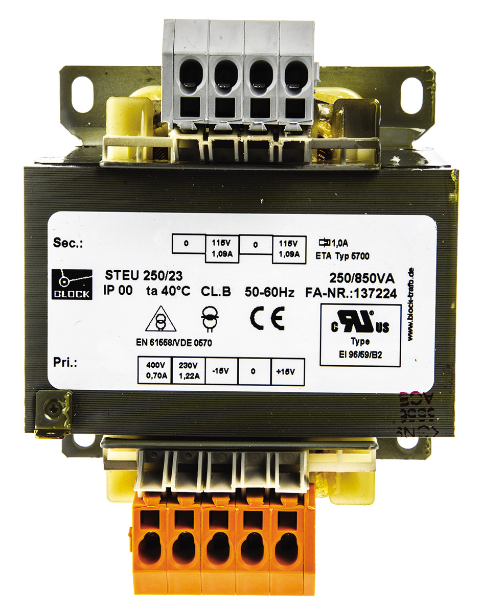 steu25023 Block 2 Output 250 VA Chassis Mount Transformer, 2 x 115 V ac, IEC 61558-2-2, UL 5085-1/-2, CSA 22.2 No.66, DIN EN