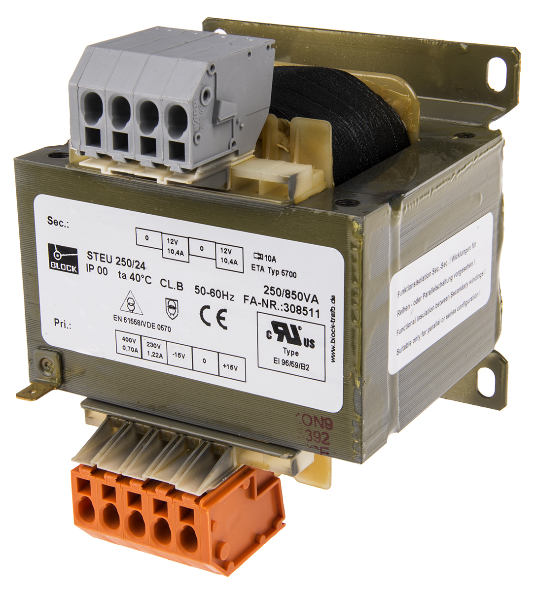 Block 2 Output 250 VA Chassis Mount Transformer, 2 x 12 V ac, VDE 0570, UL, EN 61558