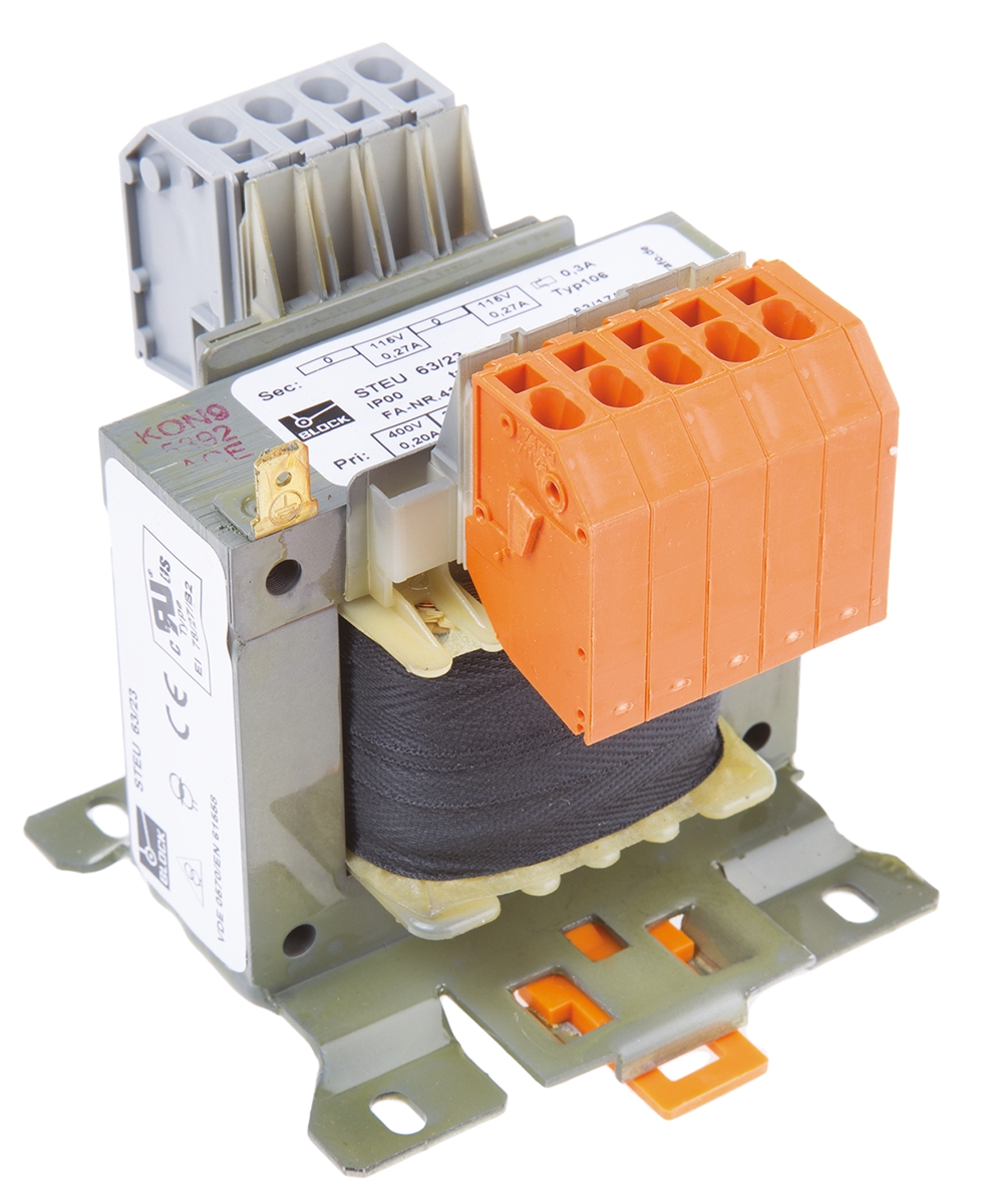 Block 2 Output 63 VA Chassis Mount Transformer, 2 x 115 V ac, DIN EN 61558-2-2, IEC 61558-2-2, UL 5085-1/-2, VDE 0570