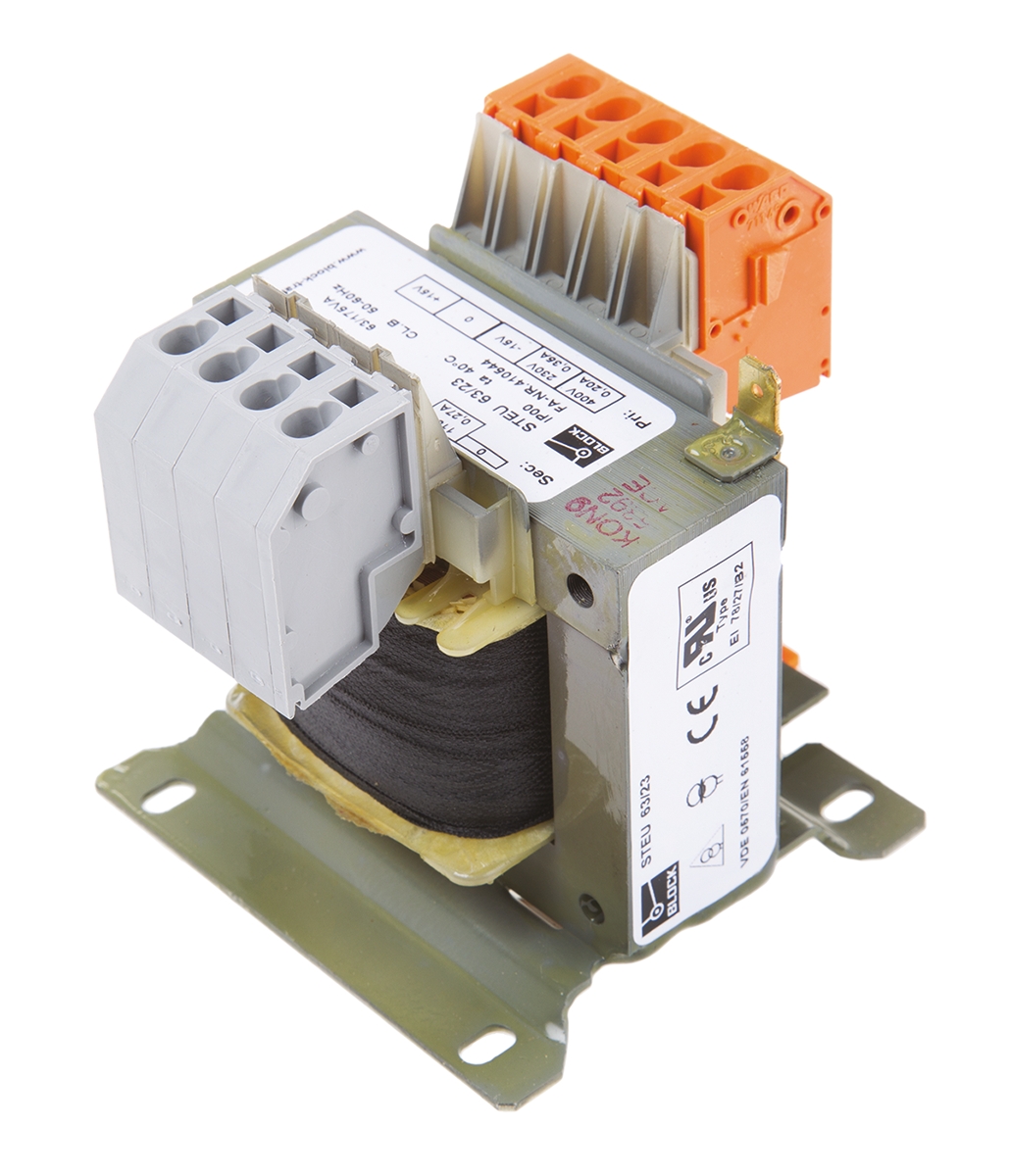 steu6323 Block 2 Output 63 VA Chassis Mount Transformer, 2 x 115 V ac, DIN EN 61558-2-2, IEC 61558-2-2, UL 5085-1/-2, VDE 0570