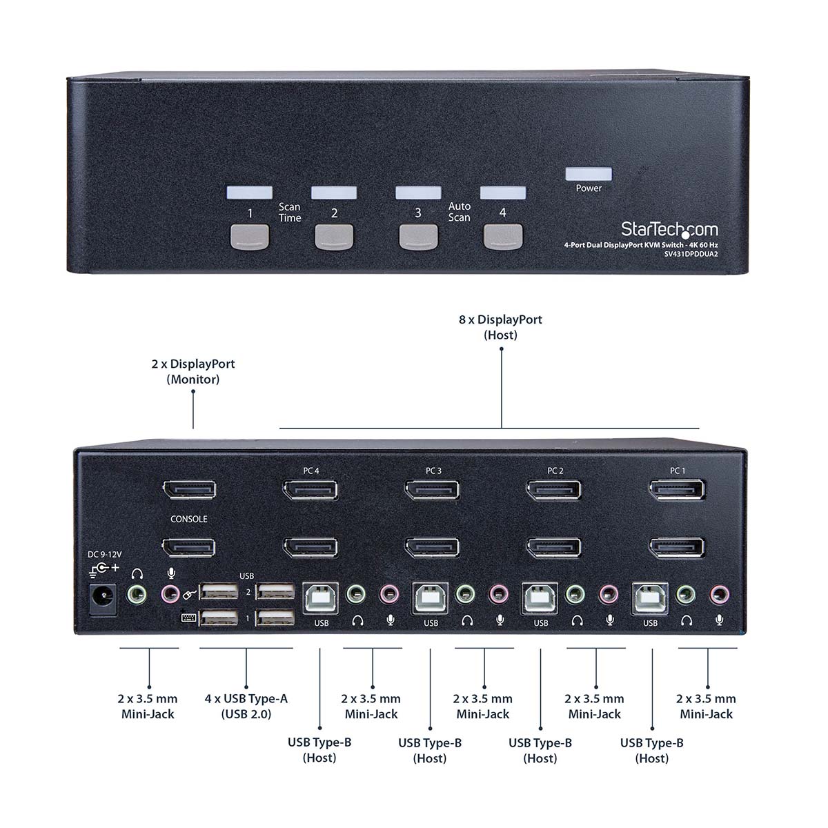 sv431dpddua2 StarTech.com 4 Port 2 Displays USB DisplayPort KVM Switch 3.5 mm Stereo 3840 x 2160 pixel Maximum Resolution