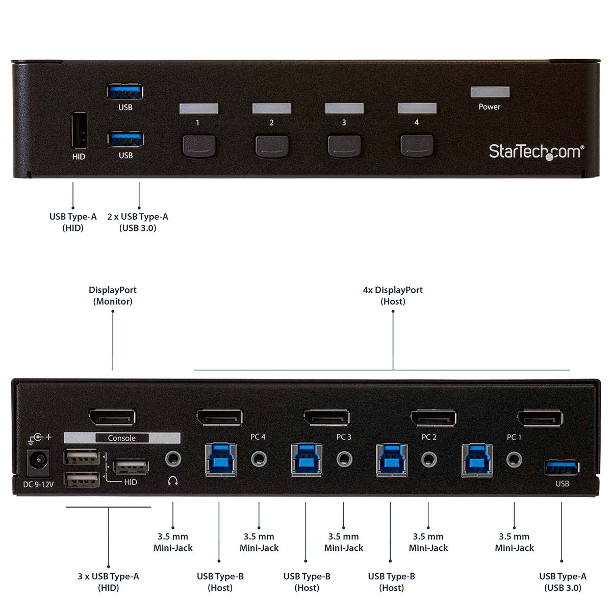 sv431dpu3a2 StarTech.com 4 Port 1 Displays USB DisplayPort KVM Switch 3.5 mm Stereo 3840 x 2160 pixel Maximum Resolution