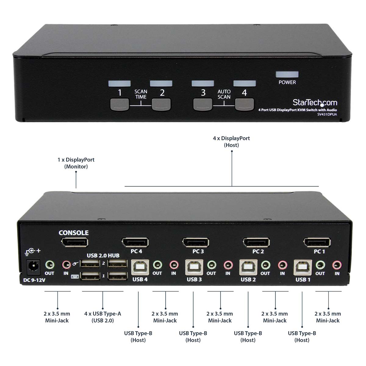 sv431dpua2 StarTech.com 4 Port 1 Displays USB DisplayPort KVM Switch 3.5 mm Stereo 3840 x 2160 pixel Maximum Resolution