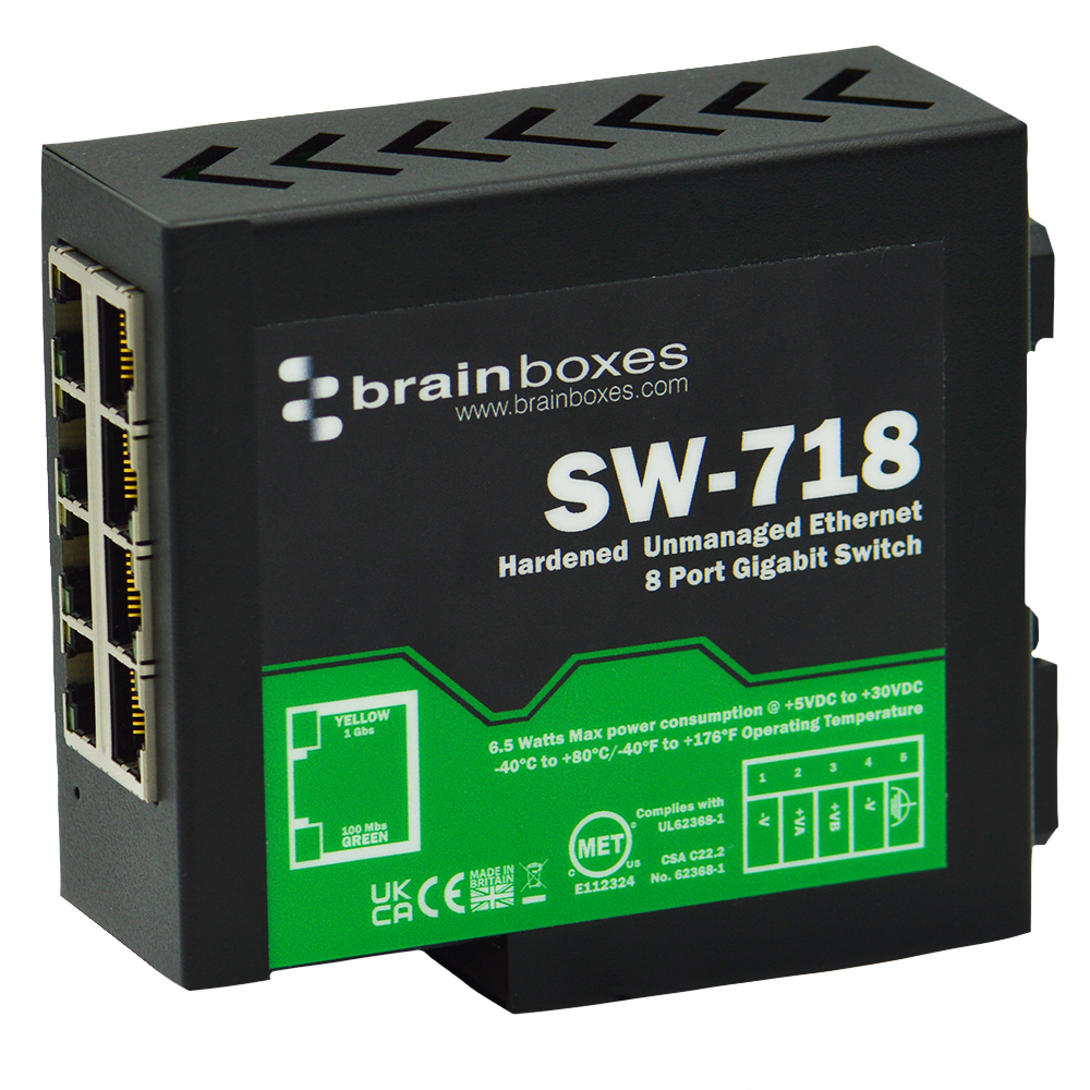 Brainboxes SW 718 Unmanaged 8 Port Ethernet Switch Power Over Ethernet