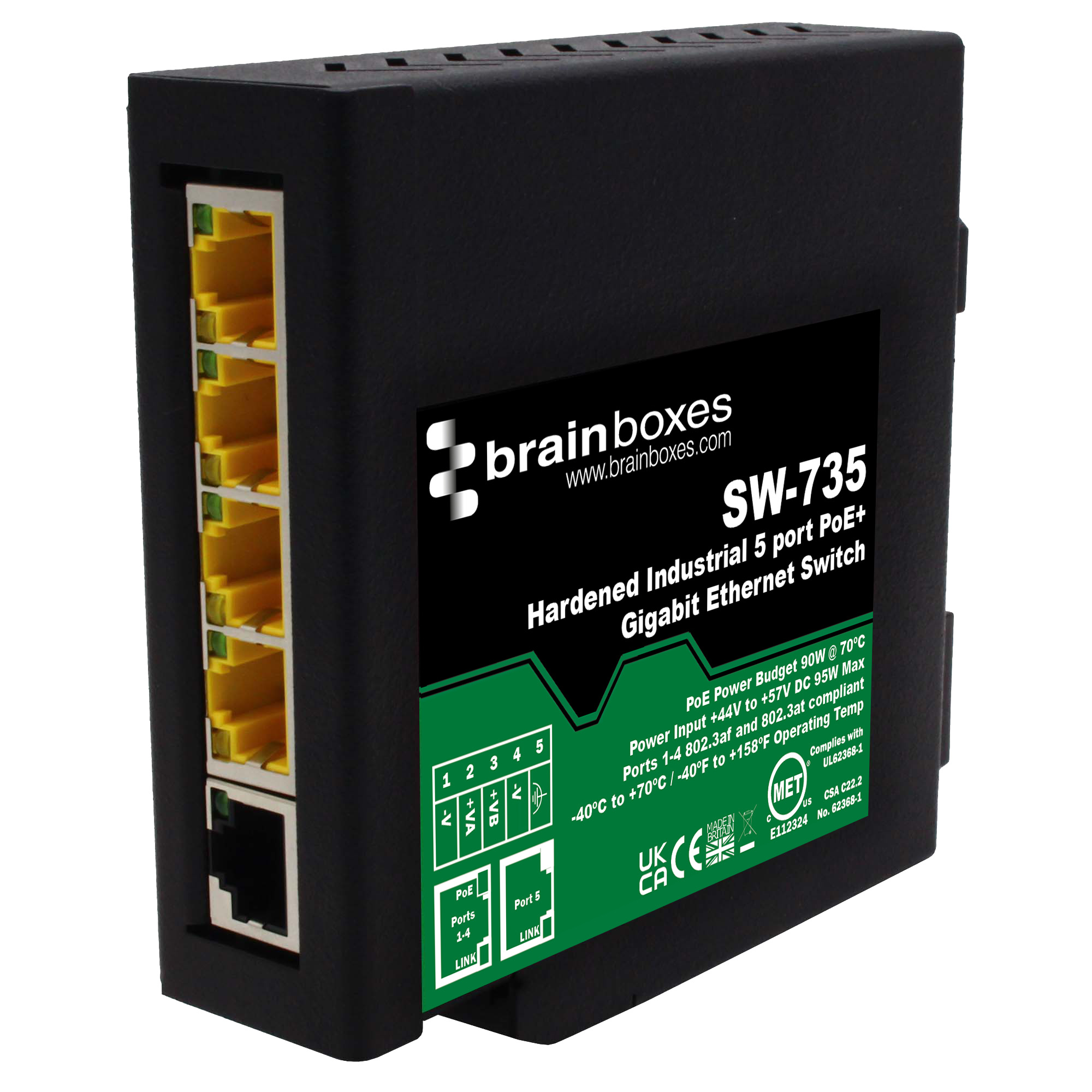 Brainboxes SW-735 Unmanaged 5 Port Ethernet Switch Power Over Ethernet