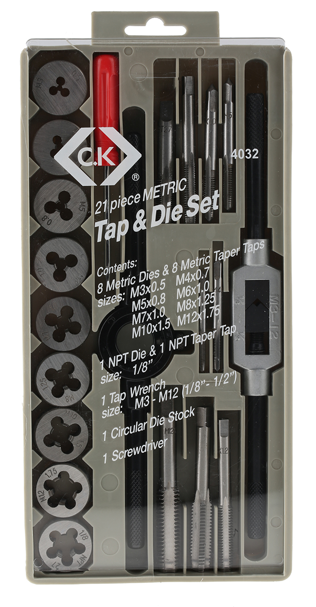 t4032 CK 21-Piece Carbon Steel Thread Tap & Die Set, 1/8 in NPT - 1/8 in NPT Taps, 1/8 in NPT - 1/8 inch NPT Dies