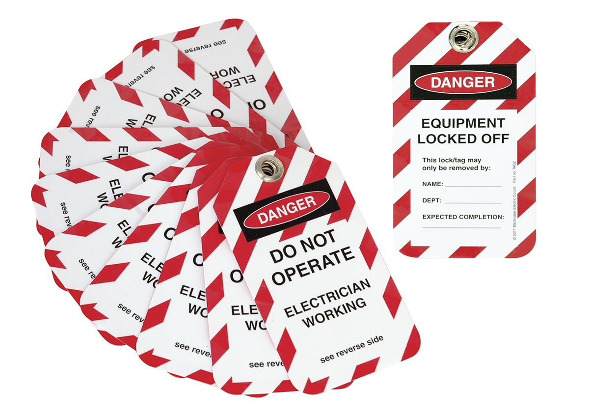 tag2 Martindale 10 Per Pack x 'Equipment Locked Off, Electrician Working, Do Not Operate' Lockout Tag